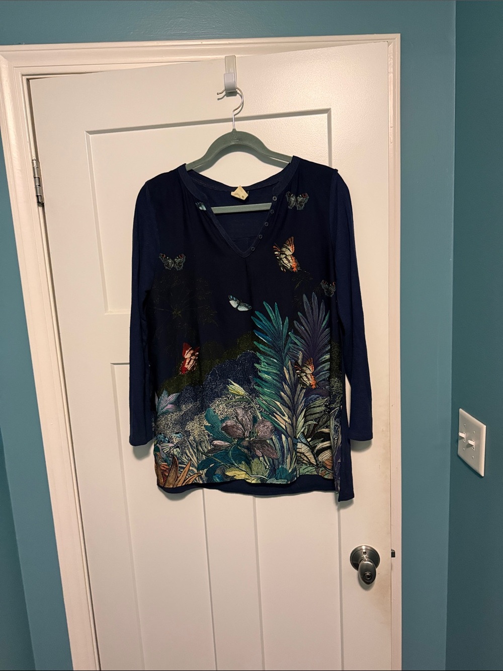 Women's Navy Floral & Butterfly V-Neck Blouse